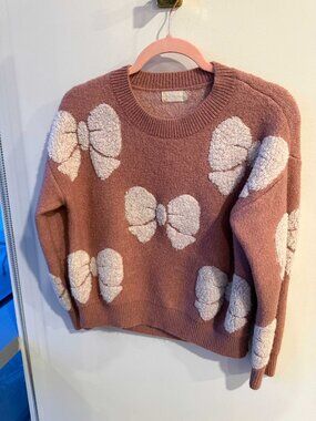 Altar'd State Mauve Knit Sweater XS Sherpa Bow Appliqué Coquette Oversized